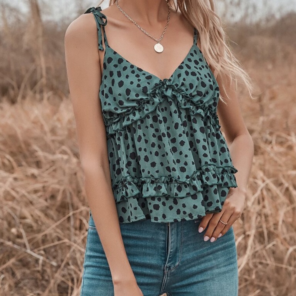 Boho V neck Dalmatian Dot Ruffle Tie Cami Top - Picture 3 of 15